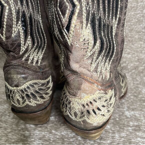 Corral Women's Boot Brown Black Size 9.5 Black Sequin Wing & Cross A1197 Leather - Picture 7 of 13